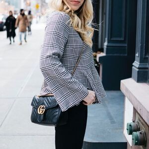 Herringbone check plaid peplum long sleeve top